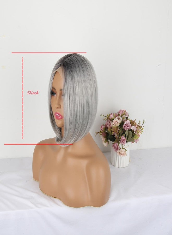سينهو باروكة شعر بوب قصيرة للنساء من سينهو، بوب بزاوية مع جذور داكنة، باروكة بوب رمادية للنساء بطول 10-12 بوصة، باروكة أوليفيا ذات مقدمة دانتيل، باروكة صناعية بطول الكتف للنساء، باروكة بوب مقلوبة حادة - Image 5